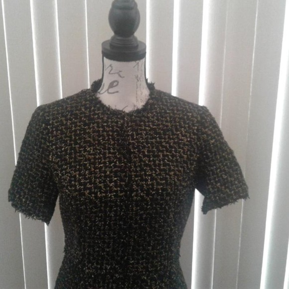 Metallic Tweed Raw-Edge Trim A-Line Dress, Blk&Gld - Picture 4 of 7